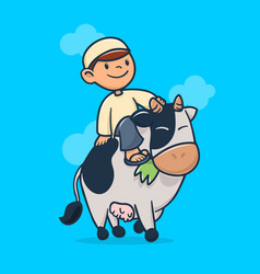 Flat Moslem Boy Riding Eid Al Adha Cow