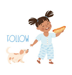 Puppy Following Little Girl With Hot Dog