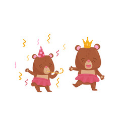 Cute Brown Bear Girl In Birthday Hat Whistling