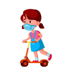 Girl Child Wear Facial Mask Riding Scooter