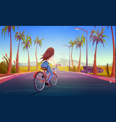 Cartoon Young Woman Riding Bicycle On Highway