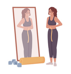 Woman Measuring Waist Near Mirror Semi Flat Color