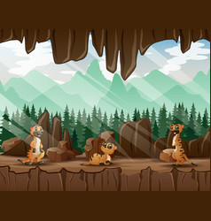 Cartoon Three Meerkats In Cave Entrance