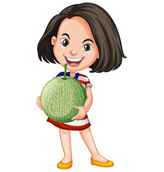 Asian Girl Holding Melon Fruit In Standing