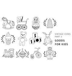 Vintage Line Art Kid Icons Set Baby Stroller Doll