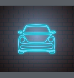 Car Icon In Neon Blue Backlight On Brick Wall