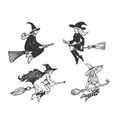 Witch On Broom Set Line Art Sketch