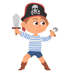 Pirate Kid In Black Hat With Hook And Sword