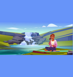 Woman Rest Sitting On Mat On Waterfall Coast