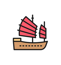 Asian Junk Boat Hong Kong Ship Flat Color Line