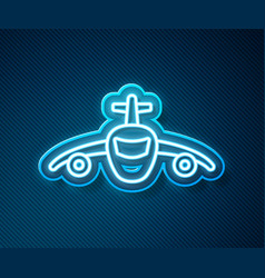 Glowing Neon Line Plane Icon Isolated On Blue