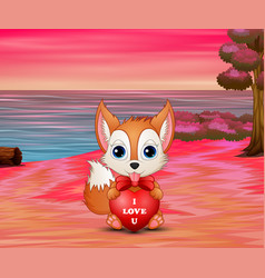 Cartoon Fox Holding Red Heart On Beach