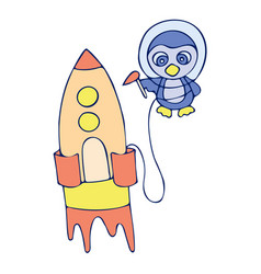 Colored Penguin With A Rocket Doodle Sketch