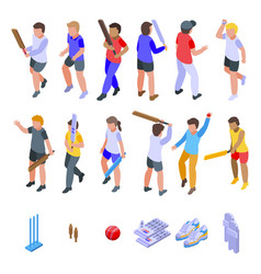 Kids Playing Cricket Icons Set Isometric Style