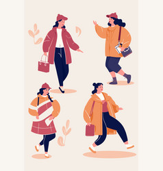 Set Of Trendy Women In Autumn Clothes In Flat