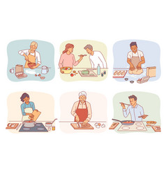 Cartoon People Cooking Men And Women Preparing