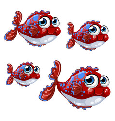 Set Bloated Cartoon Red Fish With Blue Spots