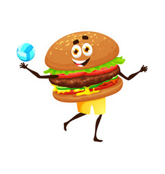 Cartoon Hamburger Character Playing Volleyball