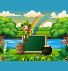 Cartoon Leprechaun Sitting Above Chalkboard