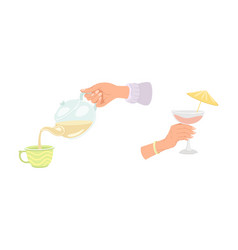 Hand With Teapot Pouring Hot Drink In Cup