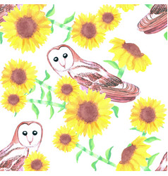 Barn Owl Or Tyto Alba And Sunflower Seamless