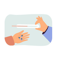 Hands Holding Thermometer And Pills