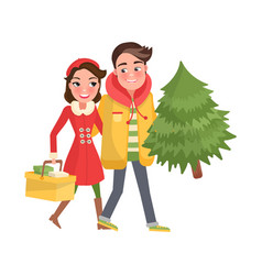 Merry Couple Returns From Shopping Christmas Tree