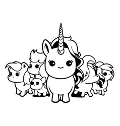 Cute Cartoon Unicorn With Friends On White