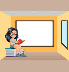 Cartoon Girl Reading On A Pile Of Books