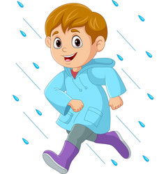 Cartoon Little Boy Running Wearing Raincoat