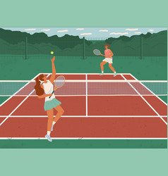 Two Girls Playing Tennis On Clay Court