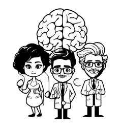 Brain Doctors With Human Brain In Flat Cartoon