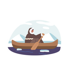 Eskimo Character Navigates Boat Through Icy Waters