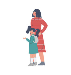 Mom And Her Cute Daughter With Backpack Cartoon