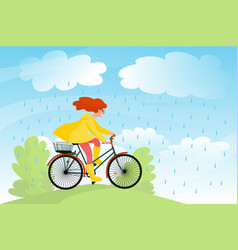 Beautiful Girl In Yellow Raincoat Rides Bicycle