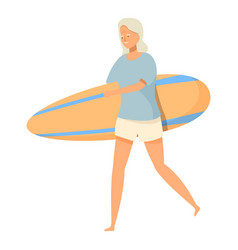 Senior Woman Walking And Holding Surfboard