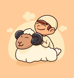 Flat Moslem Boy With Eid Al Adha Sheep