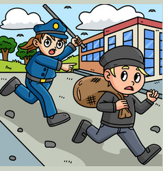 Policewoman Chasing Thief Colored Cartoon