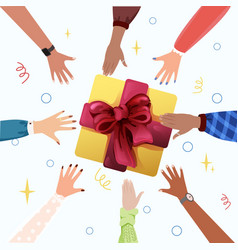 Diverse Human Hands Reaching Out For A Gift Box