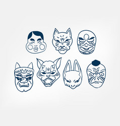 Oni Samurai Mask Set Line Art Sketch