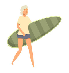 Senior Woman Walking With Surfboard Enjoying