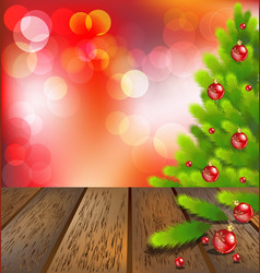 Wooden Floor With Christmas Tree On Red Bokeh