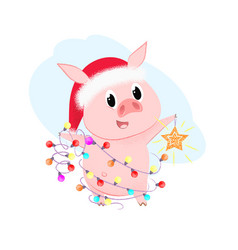 Happy Piglet With String Of Lights