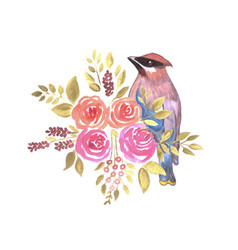 Watercolor Flowers And Cedar Waxwing Bird