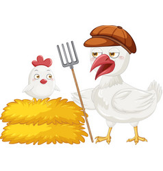 Mother Chicken And Her Chick In Cartoon Style