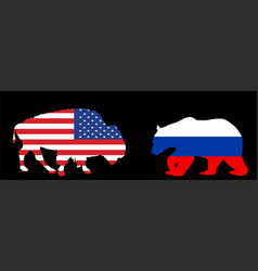 America Flag Over Buffalo Against Russia Flag Bear