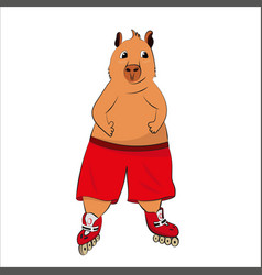 Cute Cartoon Capybara On Rollers In Red Shorts