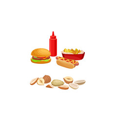 Fast Food With Hamburger And Hot Dog And Pile