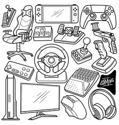 Set Gaming Setup Hand Drawn Doodle