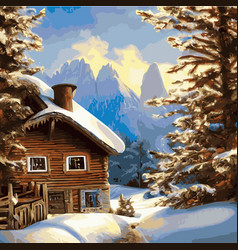 Winter Mountain Landscape With Wooden House